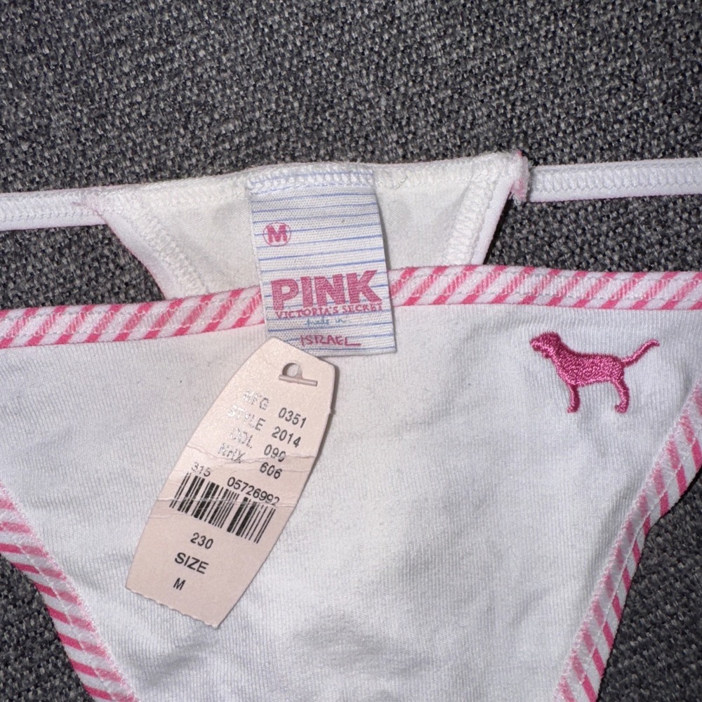 VS PINK VINTAGE Y2K COTTON EXTRA LOW RISE STRING THONG PANTY WHITE STRIPES DOG M - Picture 3 of 6
